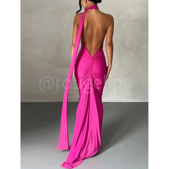 Hot Pink Maxi Long Sheath Dress Open Back, Backless - Picture 3 of 6